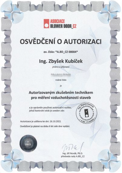 Certifikát Asociace blower door test